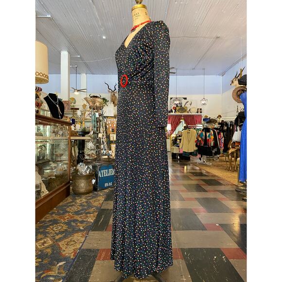 1970s maxi dress, rainbow polka dots, betty lou, 70s does 30s, 1930s style dress - Picture 8 of 10